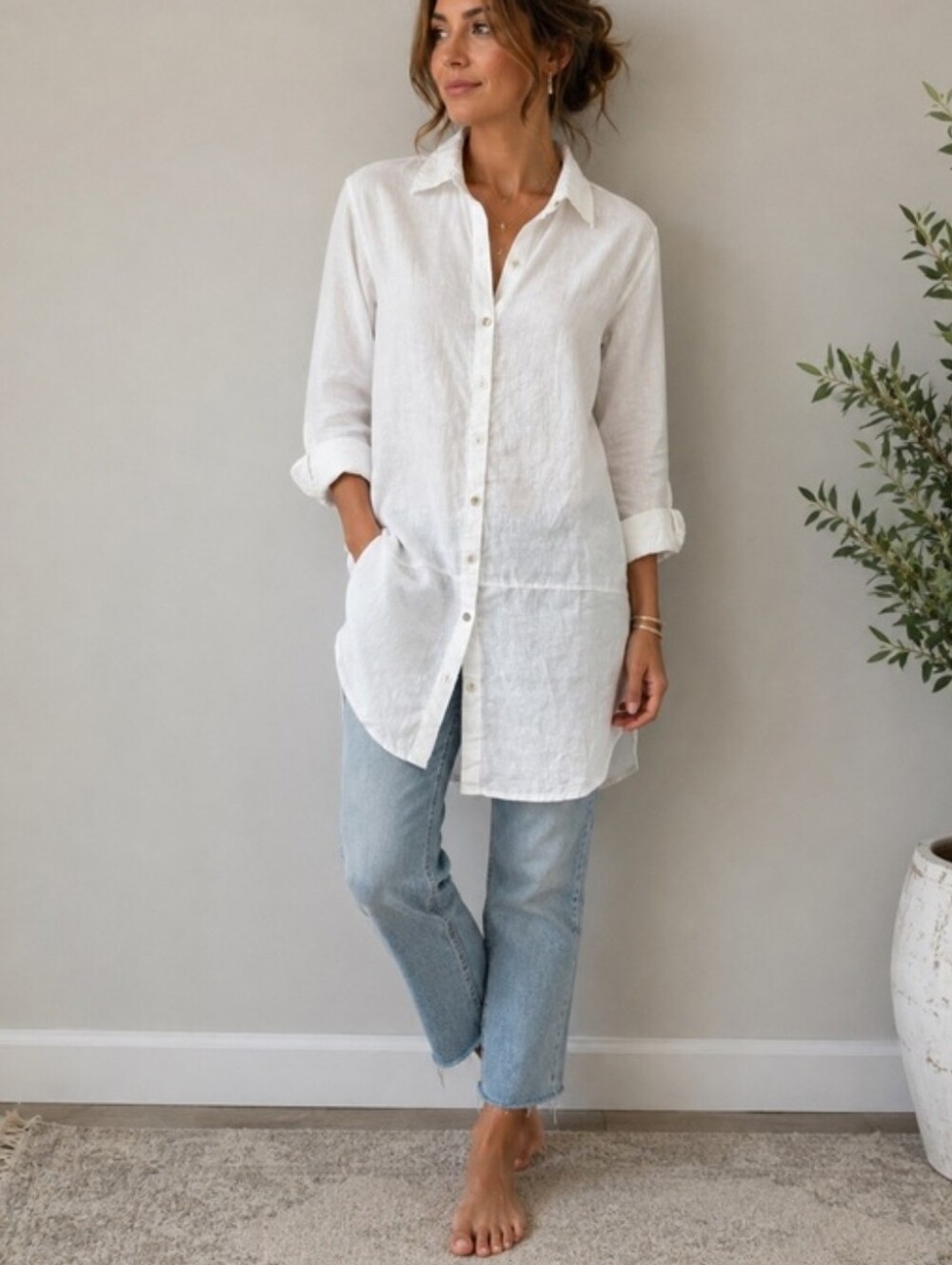 Tahari 100% Linen Button Down Tunic Shirt Size L White Coastal Beach Resort